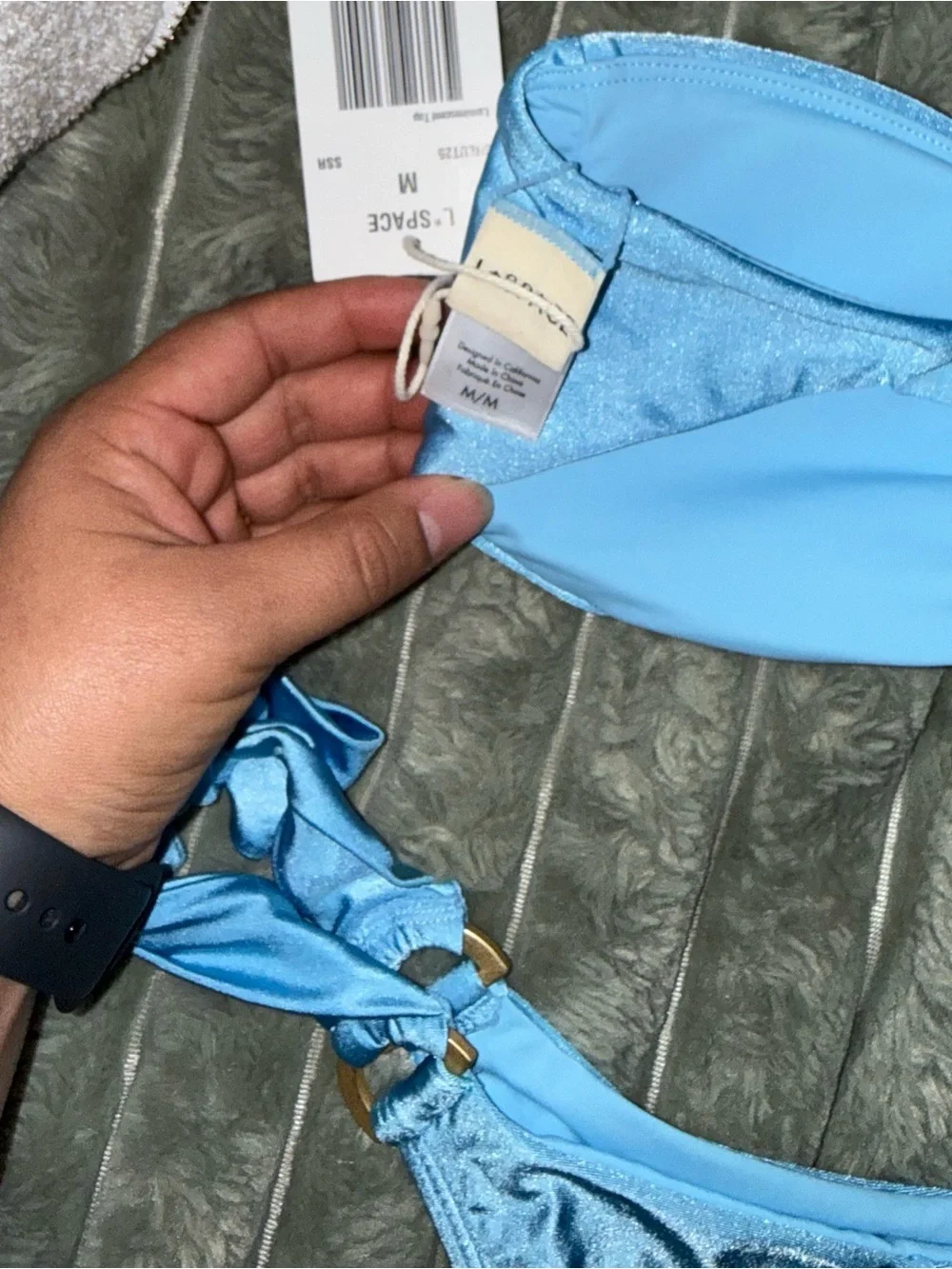 l*space Sky Blue Bandeau Bikini Top with seashell & gold metal D ring bottom M